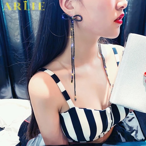 Black colored Rhinestone long Bow Earrings - Picture 16 of 16